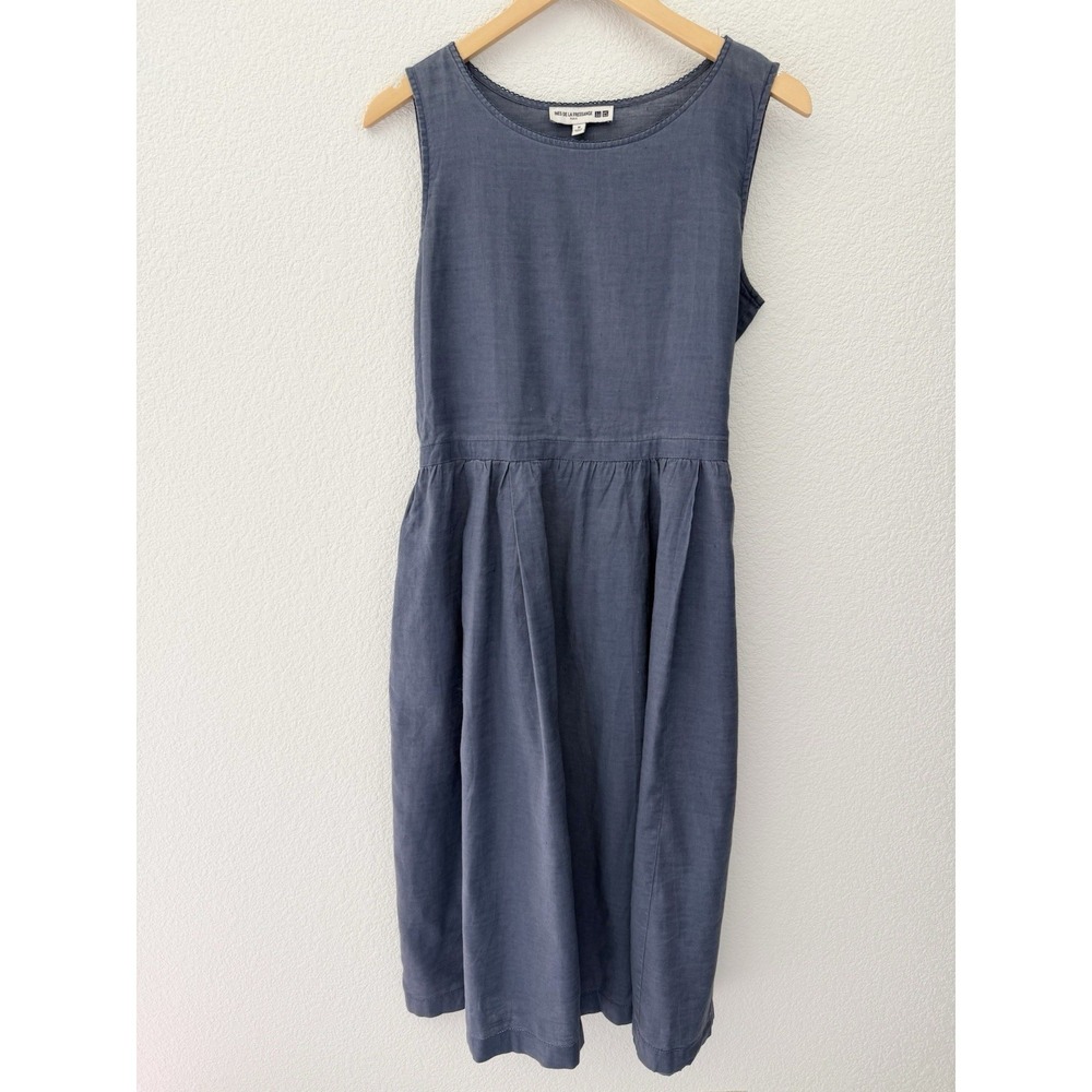 Uniqlo x Ines De La Fressange Linen Cotton Midi Dress M Blue Pockets Tie Waist